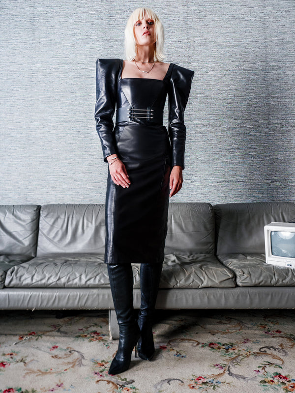 fitted womens black leather dress with big sholders