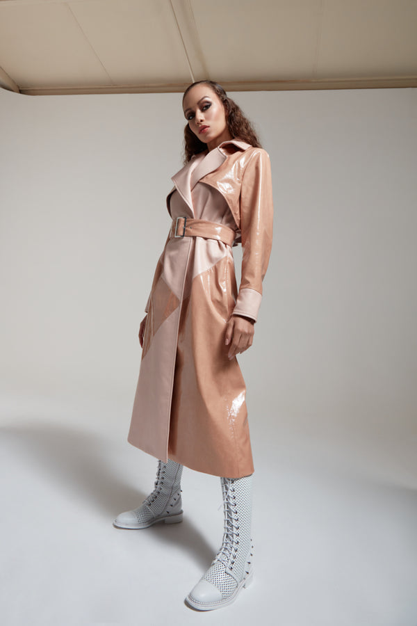 nude trench coat in patent leather with a belt