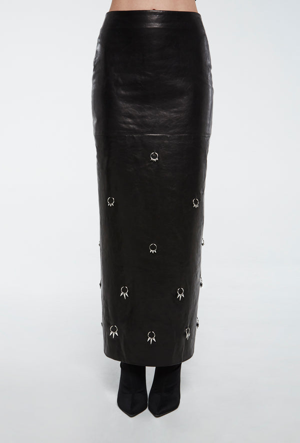 PRITCH Pierced Skirt in Black Vintage Leather with Handmade Spike Piercing 