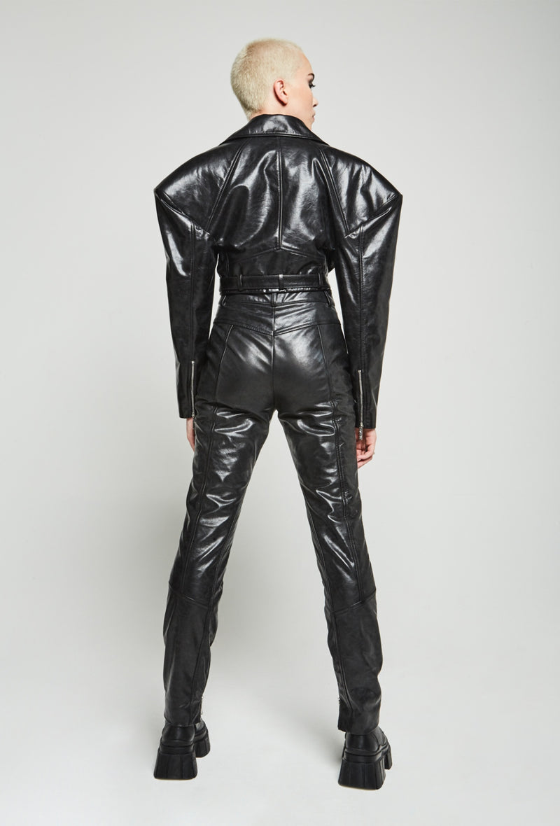 PRITCH DNA Sharp Shoulder Women's Leather Jacket in Black