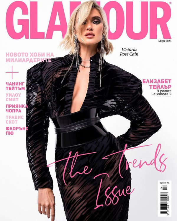 PRITCH DNA Raven Devore Gown and Corset Belt Pitch Black Patent is wearing by model Victoria Rose Cain for Glamour Bulgaria Cover Story March 2023, shoot by photographer Ruben M Angel.