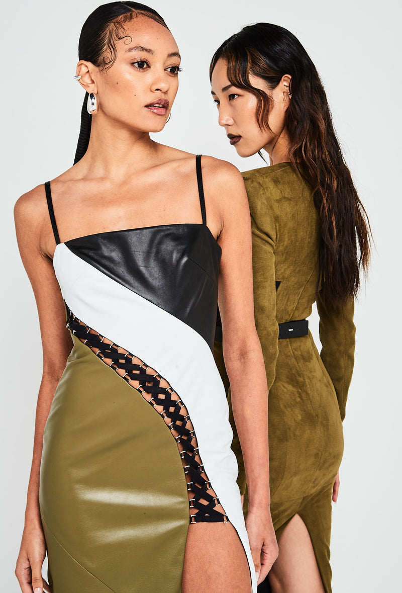 PRITCH ROGUE SLIT LACE UP MAXI DRESS PATCHED OLIVE