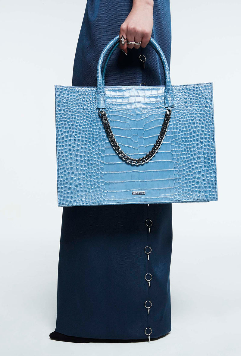 PRITCH Croc-Embossed Leather Tote Bag in Azure Blue