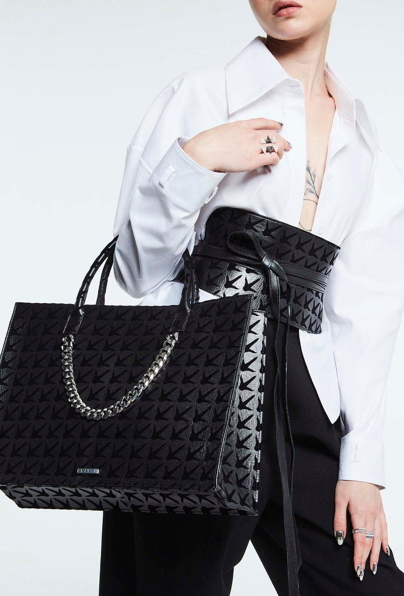 PRITCH Designer Black Leather Tote Bag in Custom Made Claw Print