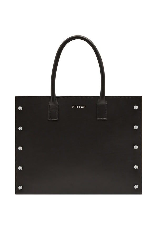 black leather tote bag with silver metal bars on the sides