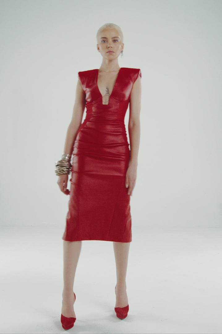 PRITCH DNA Midi Sleeveless Stretch Leather Dress in Red Nappa (video)