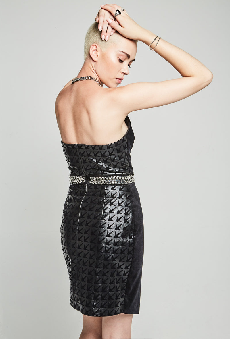 PRITCH DNA Antisense Claw Leather Mini Dress in Black Houndstooth (back)