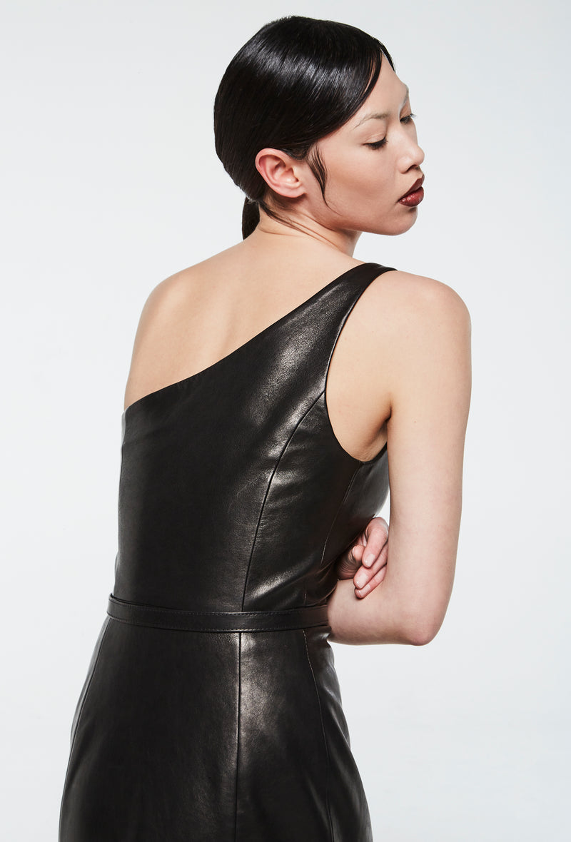PRITCH DNA ASYMMETRIC LEATHER WRAP DRESS in Black Vintage Leather
