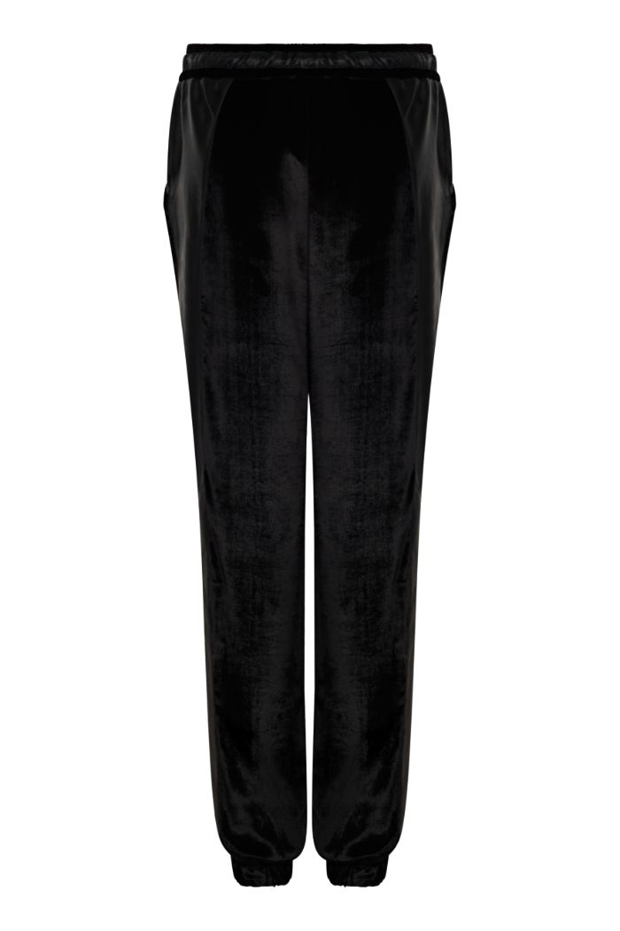 black velvet trackpants with leather details and elastic band