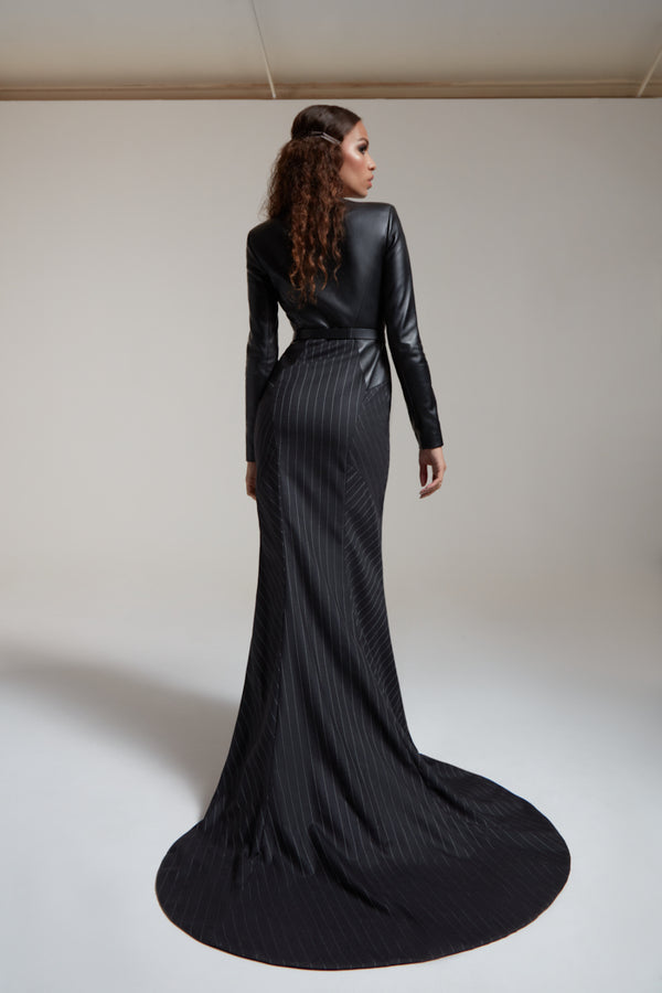 evening gown with train in black leather and silky wool