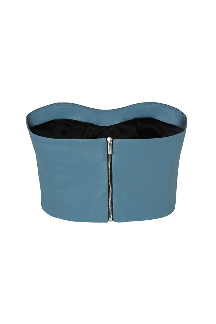 top with back zip blue leather