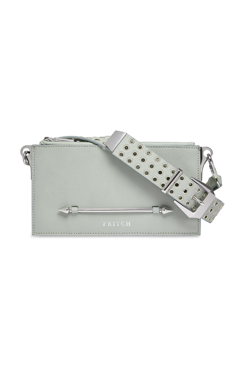 Leather Sky Grey Crossbody Bag With Pierced Front Details and Studded Strap Buckle Details