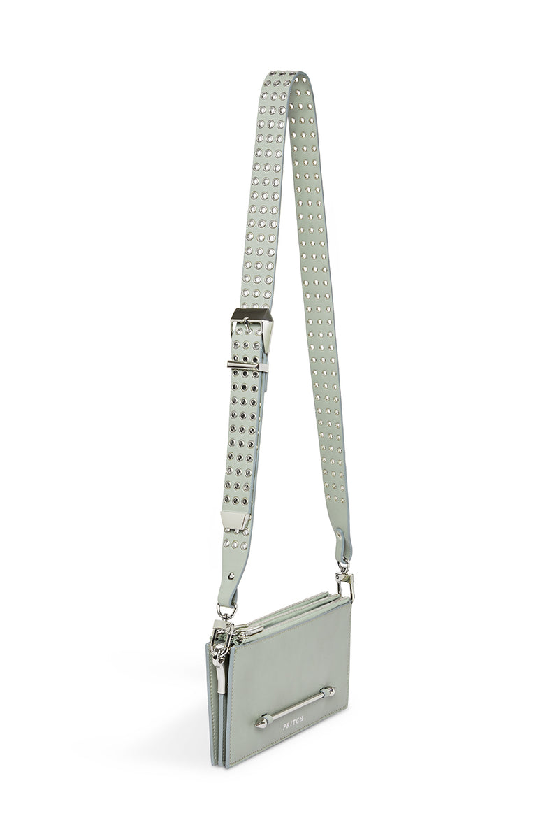 Leather Sky Grey Crossbody Bag With Pierced Side Details and Studded Strap Buckle Details