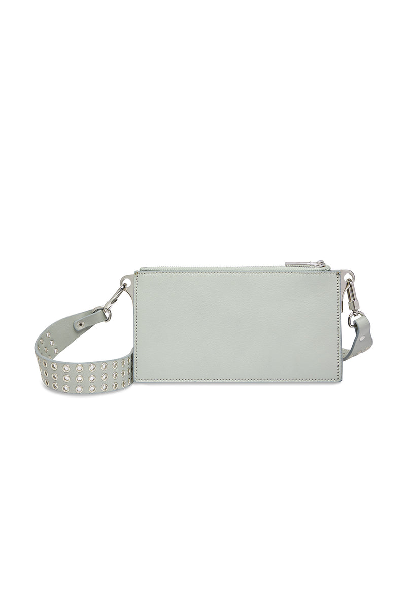 Leather Sky Grey Crossbody Bag With Pierced Back Details and Studded Strap Buckle Details