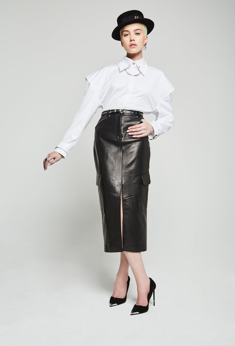 PRITCH DNA Cargo Skirt in Black Leather