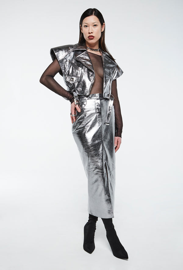 PRITCH DNA Pencil Skirt in Silver Foil Nappa Leather