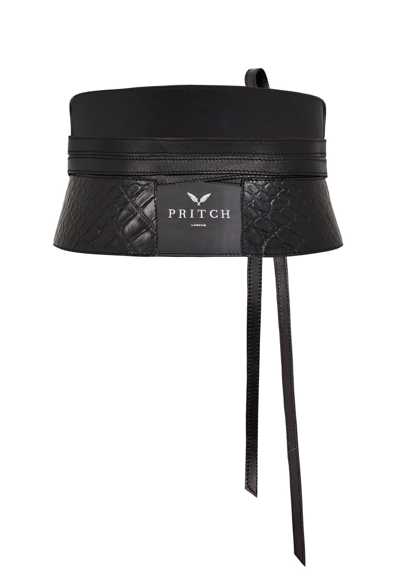 PRITCH black leather corset belt with straps in croc print leather (back)