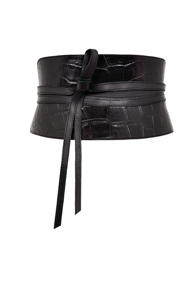PRITCH black leather corset belt in croc print leather