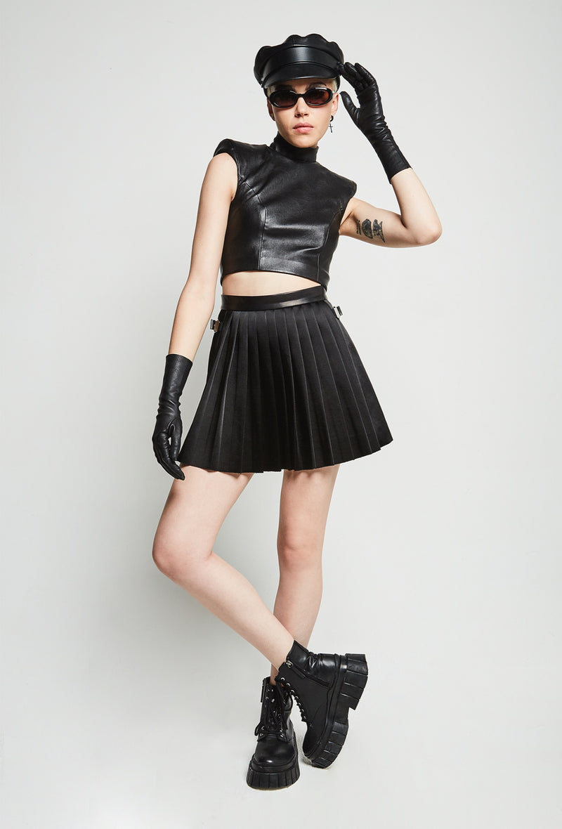 PRITCH DNA Mini Pleated Skirt in Black Poly Satin
