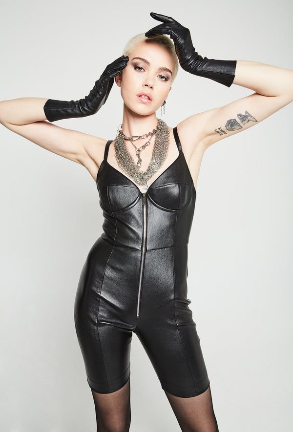 PRITCH DNA Cropped Catsuit in Black Stretch Nappa Leather
