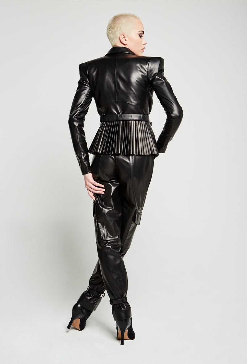 PRITCH DNA Pleated Blazer in Black Leather 