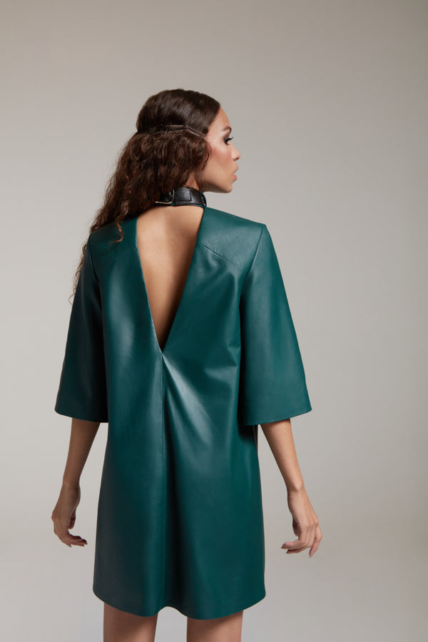 Leather shirtdress with open back in bottle green