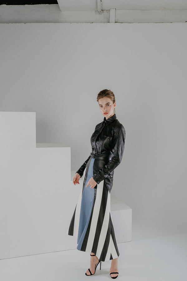 Magic mirror fitted mid length leather skirt with stripes
