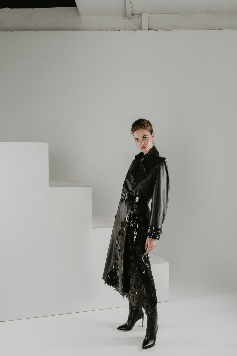 Black gold trench with sequins and patent leather details