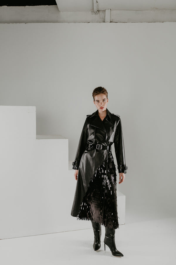 Black gold leather trench with sequins and patent leather belt