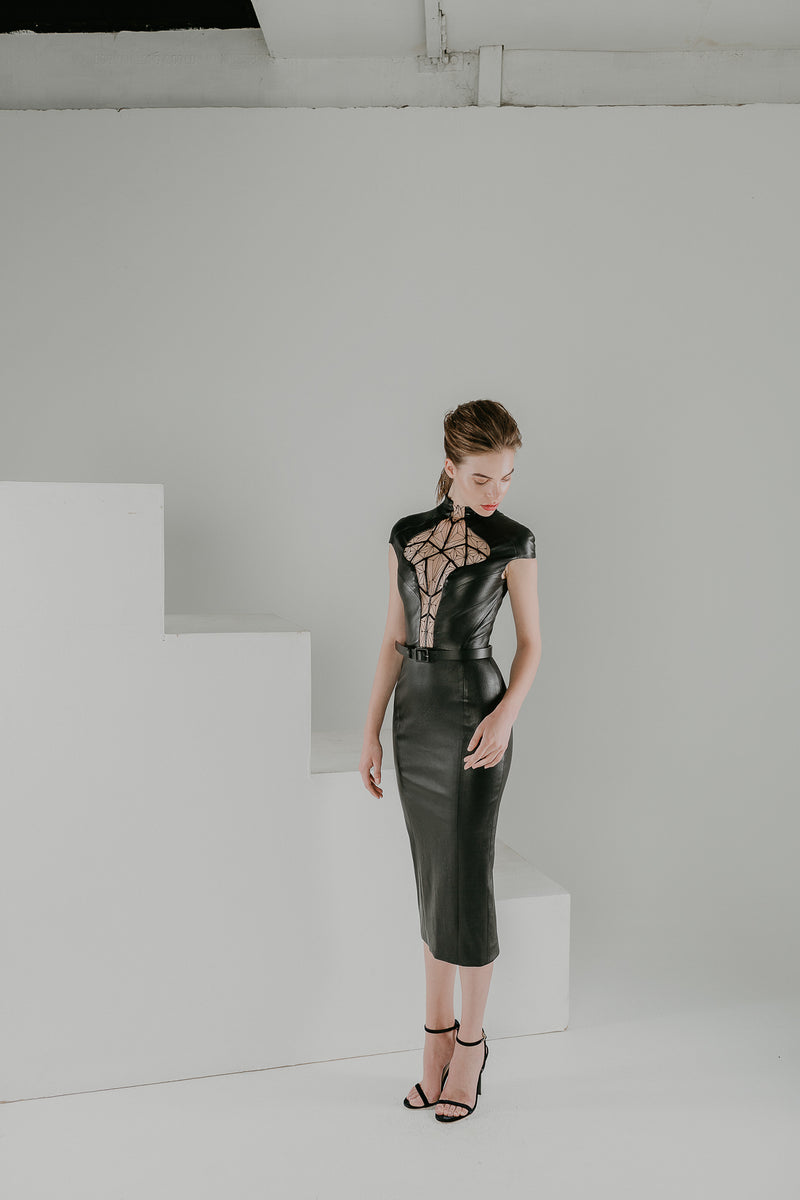 Escher LBD in black leather with see through embroidery