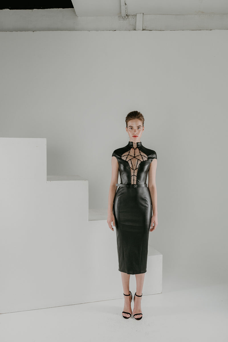 Escher LBD in black leather with see through embroidery