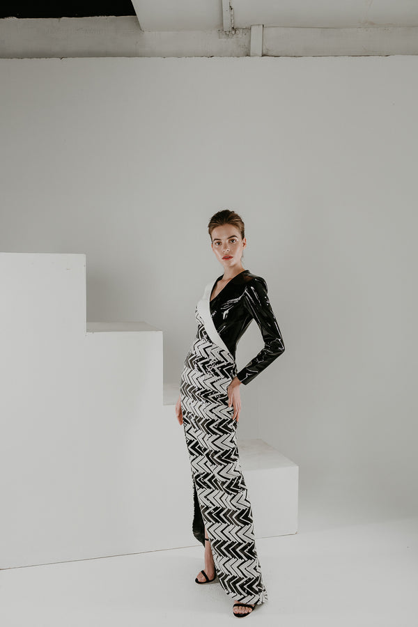 Reflection leather maxi dress with wide shoulders and sequins