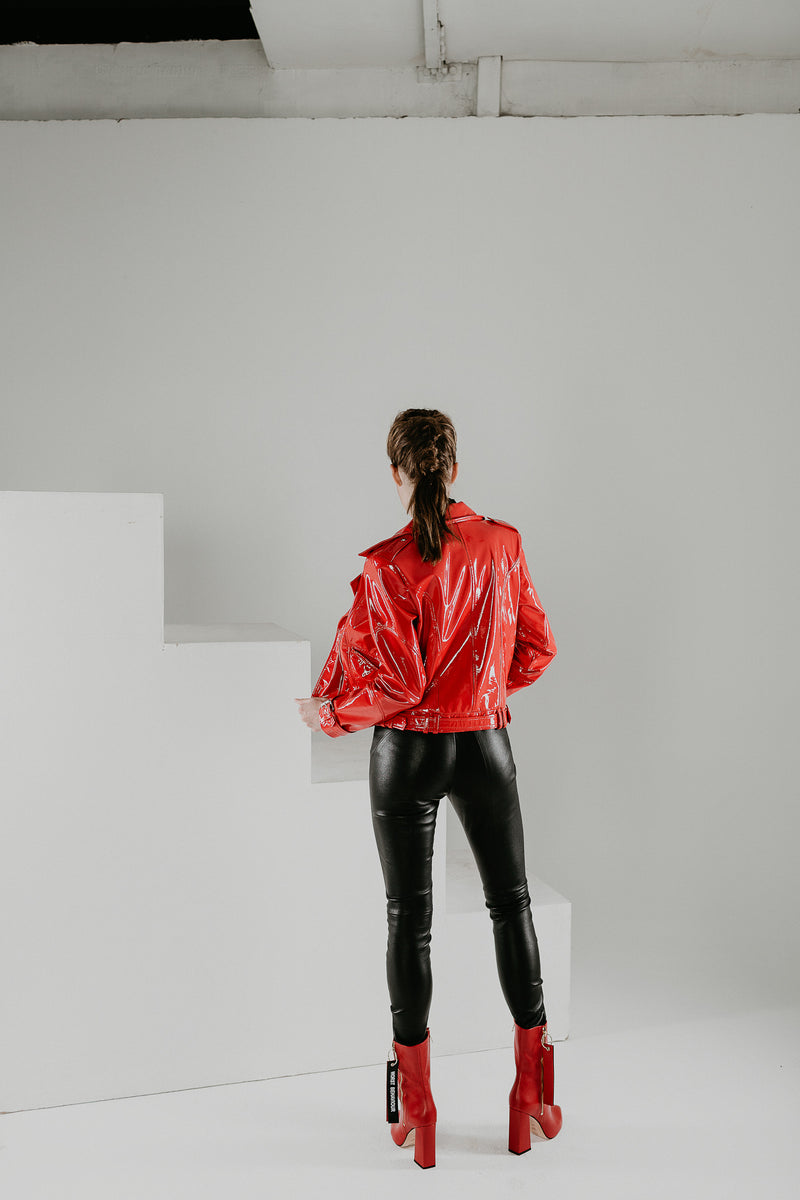 Gunmetal designer leather jacket in red patent