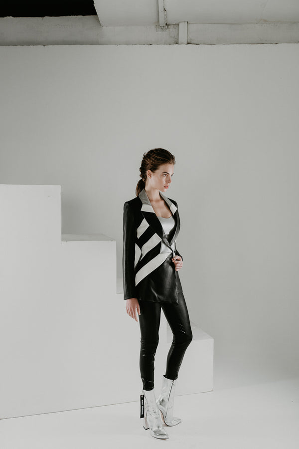 Women's Leather Blazer Jacket tailored in with white and silver panels