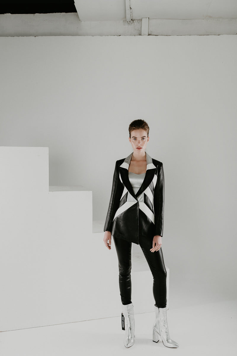 Leather blazer jacket in black and white nappa