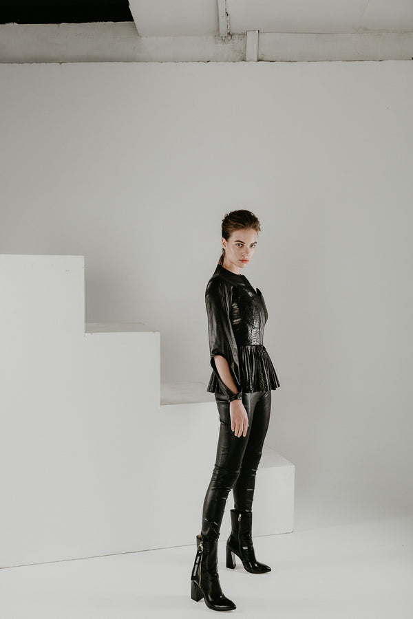 Nero black soft leather shirt with pleated basque 