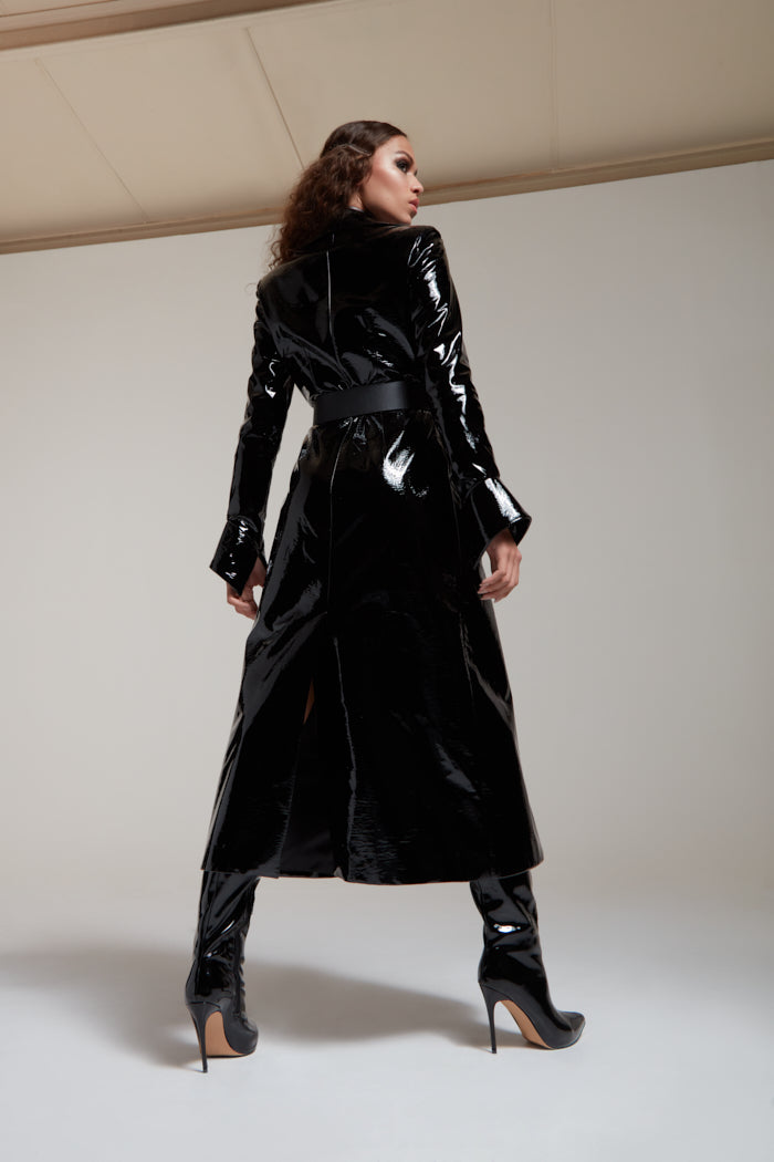 long coat in black patent leather