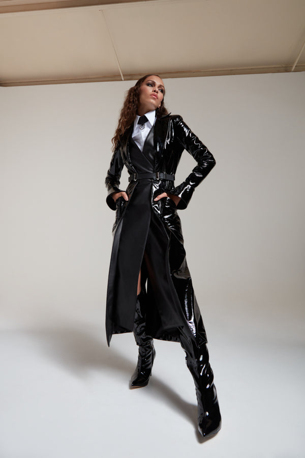 black patent leather coat with a belt