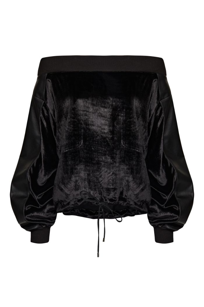black velvet hoodie with leather details