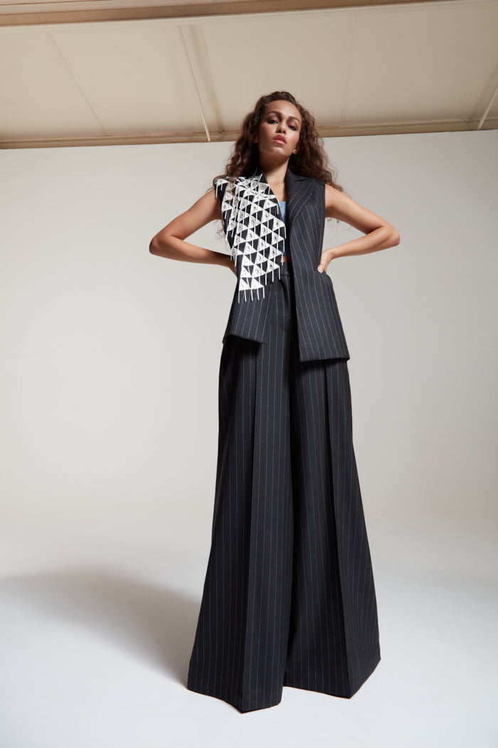 pin stripe wool suit with hand embroidery and wide leg pants