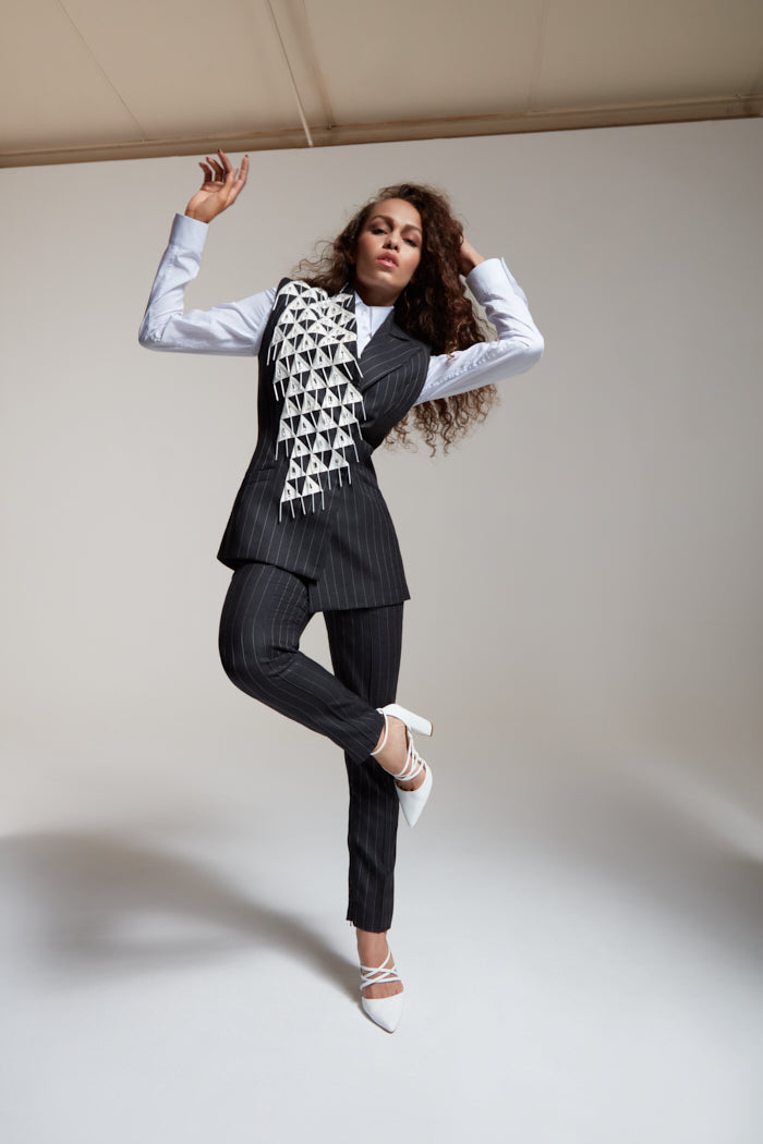 pinstripe wool waistcoat with leather embroidery