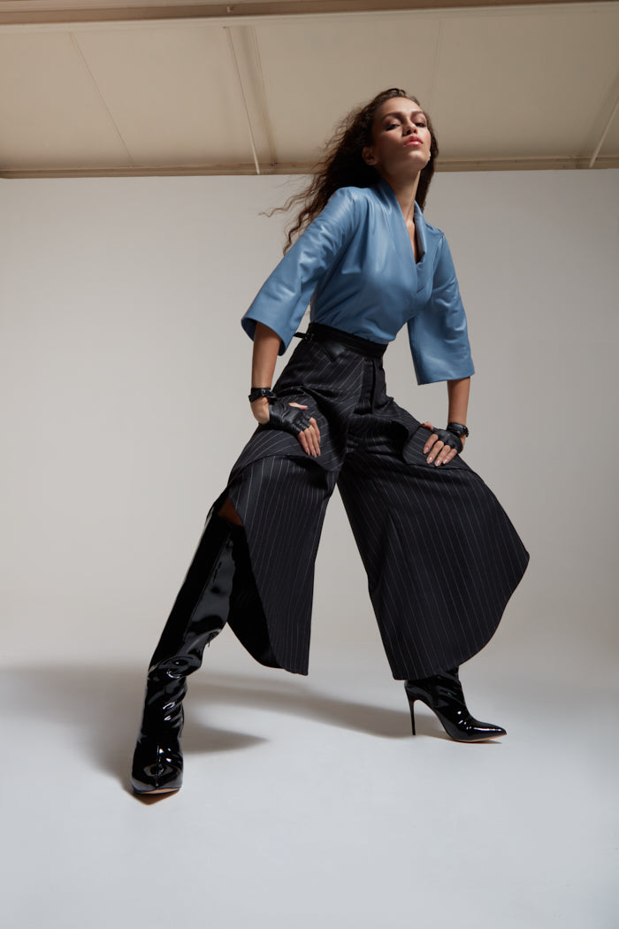 culottes in pin stripe black wool with wrap top in blue leather