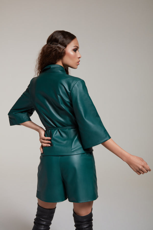 bottle green leather shorts with wrap top