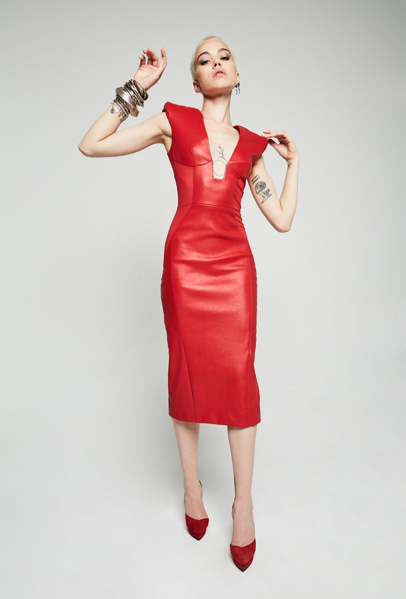 PRITCH DNA Midi Sleeveless Stretch Leather Dress in Red Nappa (front)
