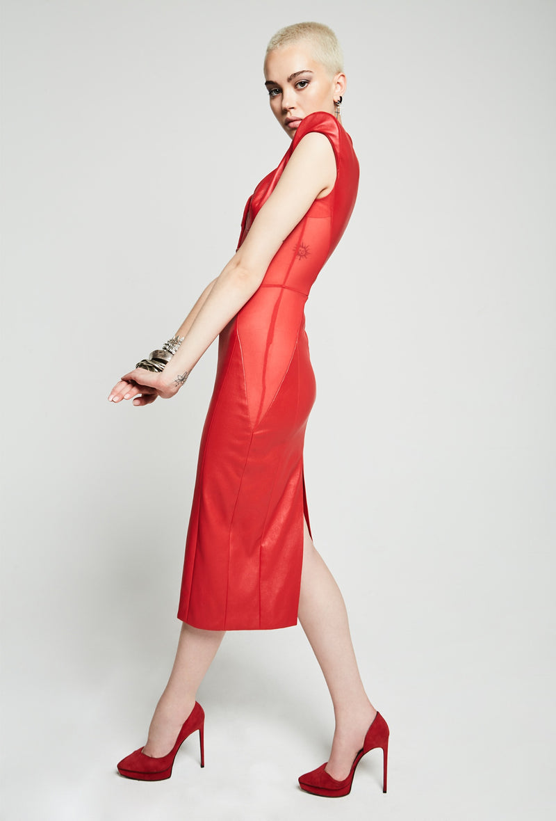 PRITCH DNA Midi Sleeveless Stretch Womens Leather Dress in Red