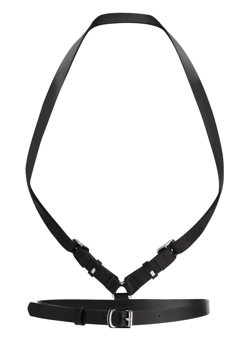 Mini black leather harness with silver metal detail