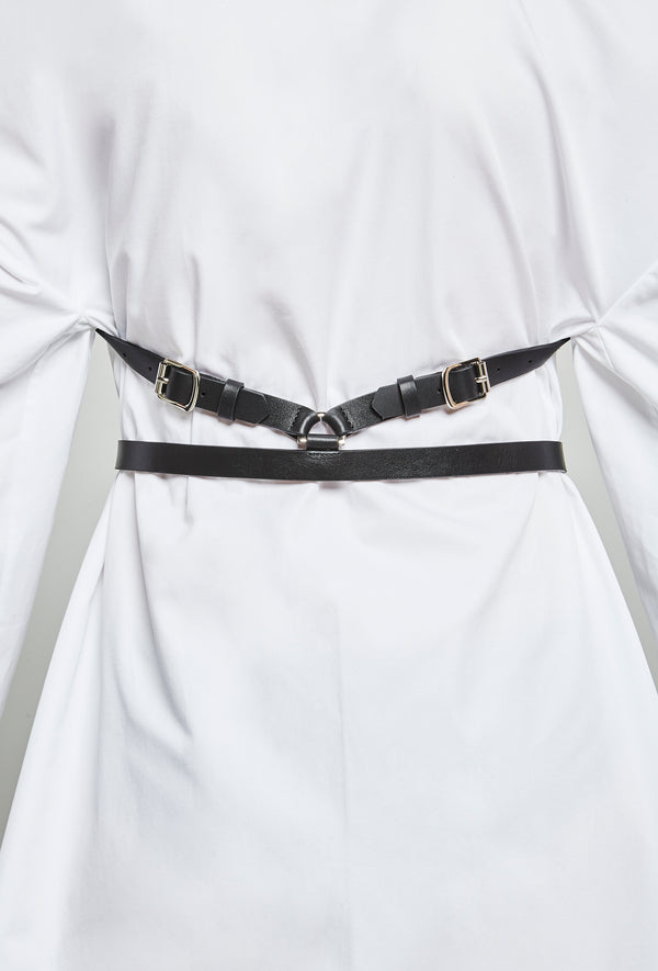 Mini black leather harness with silver metal detail