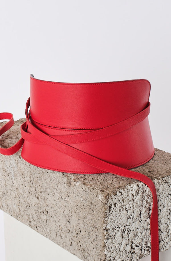 Red nappa leather corset belt with long straps