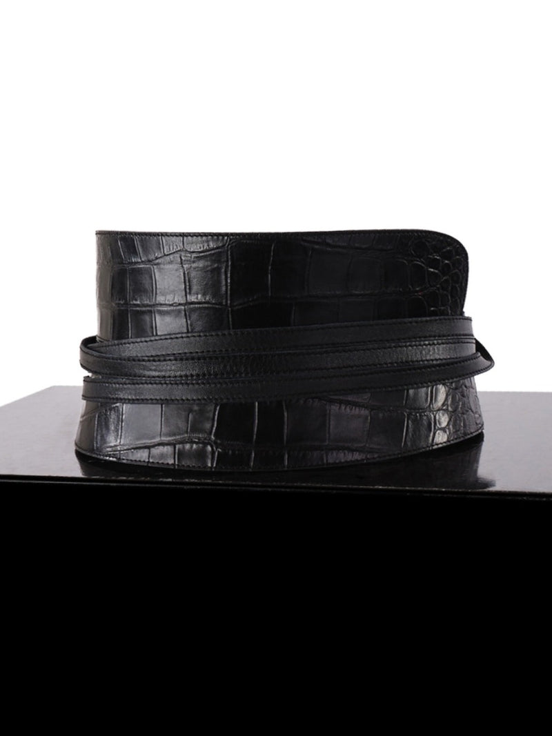 PRITCH black leather corset belt in croc print leather (back)