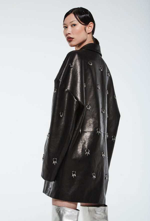 PRITCH DNA Oversized Pierced Blazer in Black Vintage Leather and Pierced Details